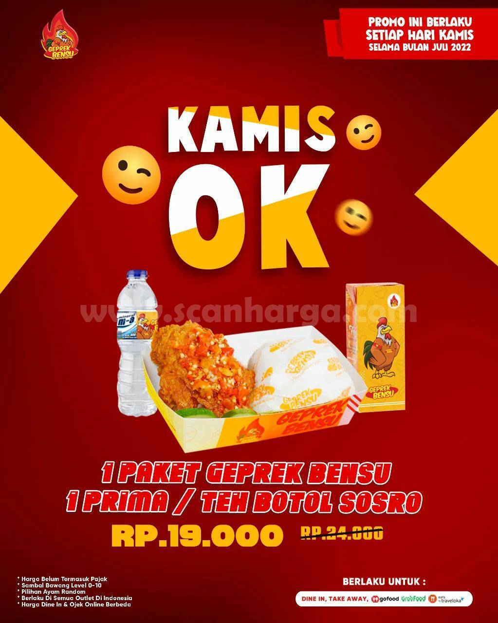 Promo Geprek Bensu Kamis OK! 1 Paket Ayam + Nasi + 1 Minuman mulai 19 Ribuan